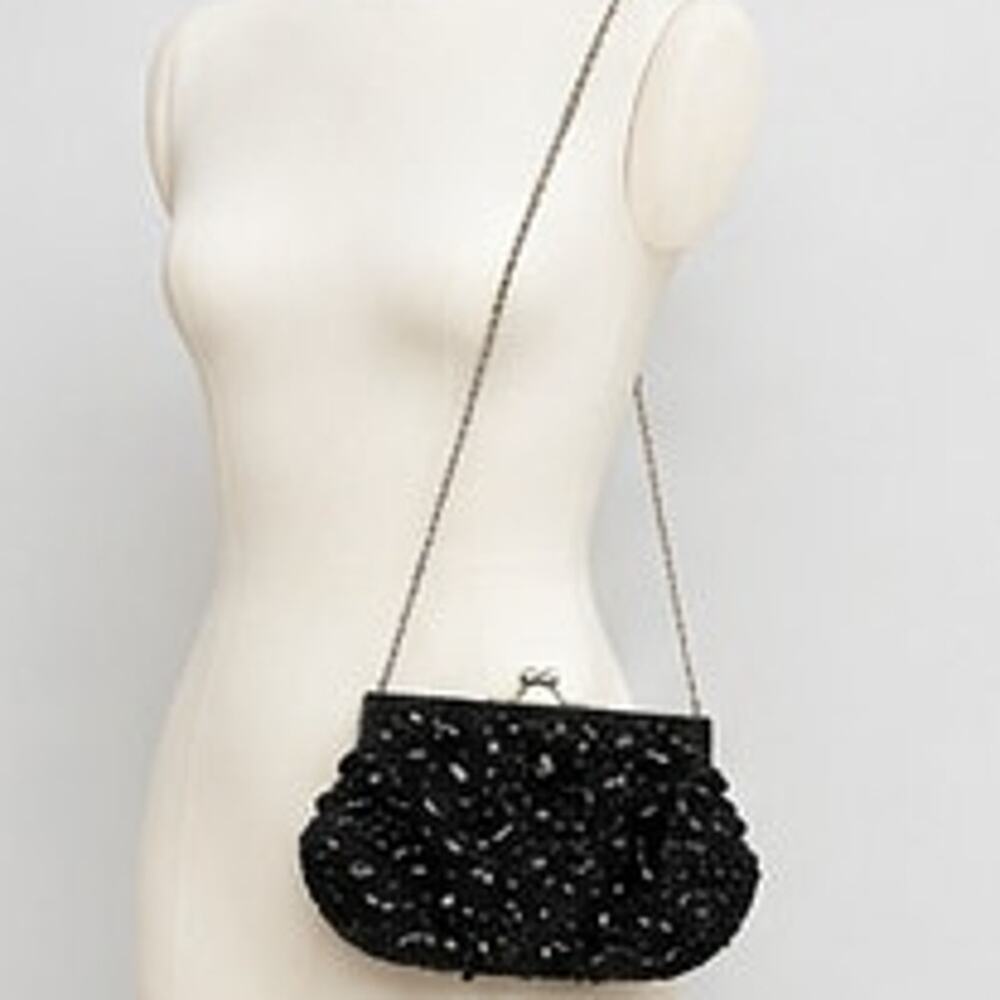 Bijoux Terner Black Beaded Kiss Lock Evening Clutch Chain Strap Shoulder Bag
